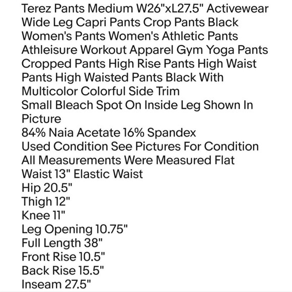 Terez Pants Medium W26"xL27.5" Activewear Wide Leg Capri Pants Crop Pants Black - Picture 2 of 8